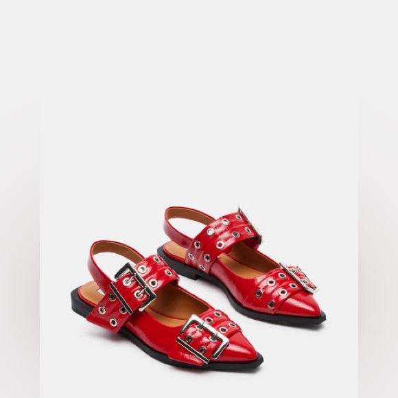STEVE MADDEN Red & Silver Buckle Patent Leather Ganni Pointed Toe Flat Shoes 8 - Picture 2 of 16